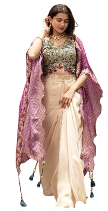 classy fashion hub Women's Banglory Silk Embroidered Dhoti Choli with Chinon Printed Shrug Sequins Tassels (3-Piece Set)-picture-17