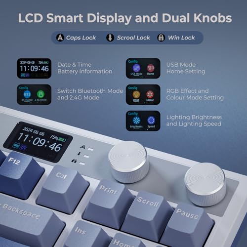 Image of RK ROYAL KLUDGE Wireless Gaming Keyboard with Screen and Dual Knob, 75% Percent 2.4Ghz /Bluetooth /USB-C Mechanical Keyboard with Gasket Structure, RGB Backlit Hot Swappable Cream Switch, Blue