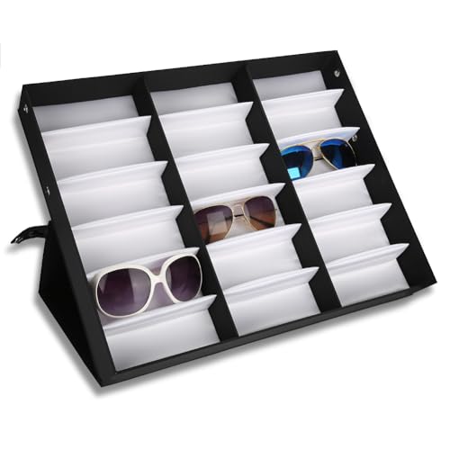 Semme Scatola di visualizzazione per occhiali da sole, 18 slot per griglie Custodia per occhiali da vista con vassoio pieghevole Coperchio per occhiali per occhiali