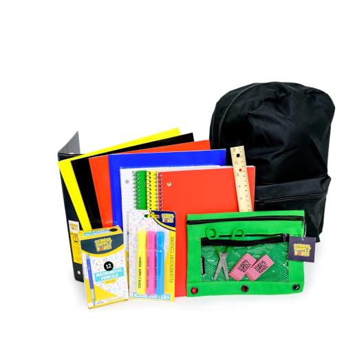 School Supply Boxes | 17" Black Backpack Bundle for High School | Back to School Bookbag with Supplies | Notebooks, Filler Paper, Folders, Mechanical Pencils & More | Case (6 Backpacks)