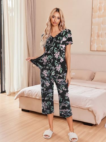Image of Ekouaer Women's Pajama Sets Short Sleeve Sleepwear Button Up Pj Loungewear Top and Capri Pants with Pockets