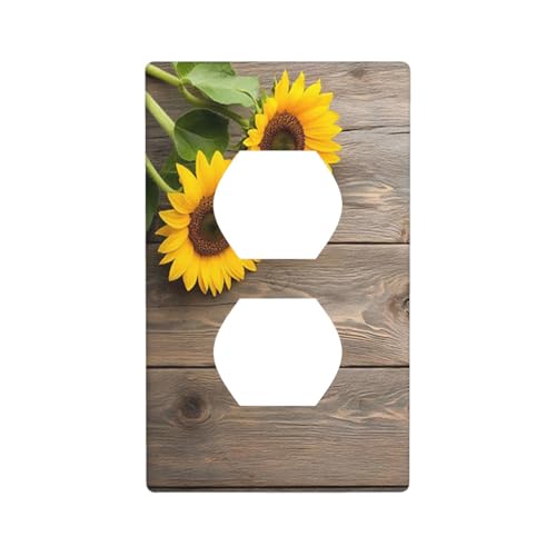 Moslion Floral Sunflowers Outlet Covers Yellow Flowers Brown Wood Plank 1-Gang Wall Plate Duplex Standard Receptacle Plug Cover Bedroom Bathroom