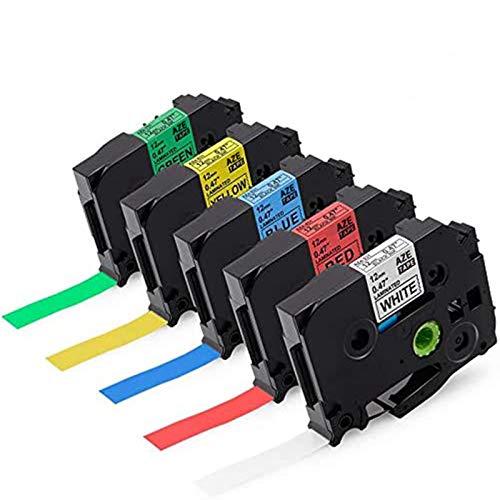 Suminey Ruban Compatible pour Brother TZe Ruban Cassette 12 mm Compatible avec Brother P-Touch PT-H100LB PT-E100 PT- P700 PT-D600VP, 8 Meter, Noir sur Blanc/Rouge/Bleu/Jaune/Vert, Pack de 5