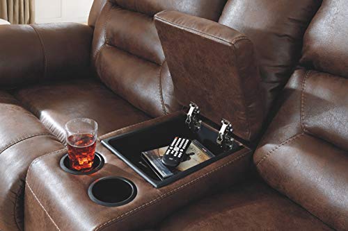 Signature Design By Ashley Stoneland Faux Leather Power Double Reclining Loveseat With Center Console, Dark Brown #TOP4