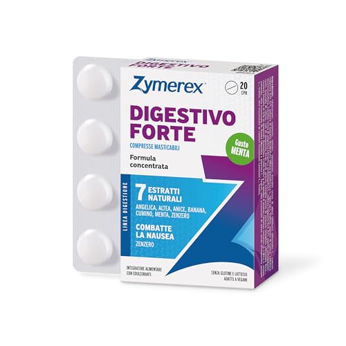 Zymerex DIGESTIVO FORTE | 20 compresse masticabili | Digestione difficile | Acidità gastrica | Contrasta la Nausea | Senza glutine e lattosio - Gusto MENTA