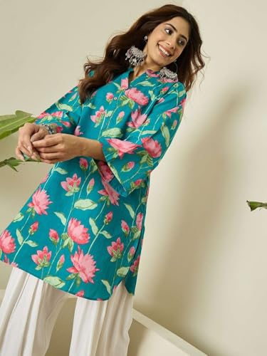 Image of Shiva Shakti Enterprisess Women's Cotton floral printed straight comfort fit kurti with Farshi Salwar perfect for everyday (Blue With Pink-M)