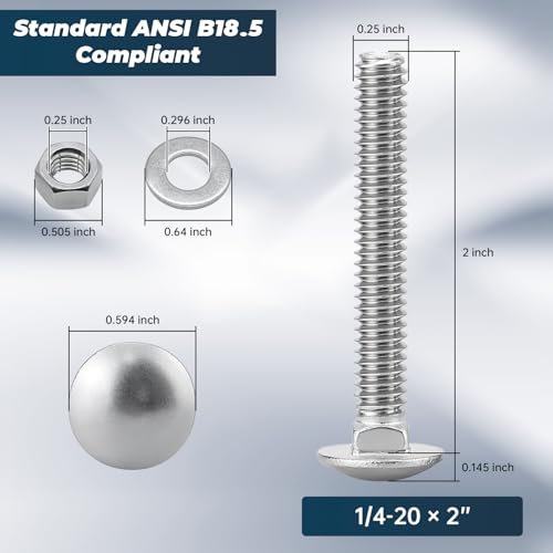 Image of 1 /4-20 x 2 Inch Carriage Bolt Kit, 304 Stainless Steel (18-8) with Hex Nuts & Flat Washers - 10 Sets, Round Head Square Neck, Full Thread Coverage by Glvaner
