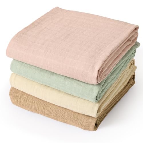 Image of david's kids 4 Pack Baby Muslin Swaddle Blankets 47" x 47", 100% Cotton Swaddle Wrap for Boys Girls, Ultra Soft Breathable Receiving Blanket for Newborns, Rose Smoke & Sage Green & White Cap & Sepia