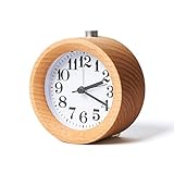 CAPMESSO Wooden Round Silent Alarm Clock with Nightlight Snooze Classic Table Beech Wood Mute Clock, Light Wooden Design