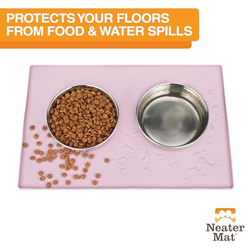Image of Neater Pet Brands Neater Mat Pet Mats for Food and Water, Cat & Dog Bowl Mat Waterproof Silicone, Feeding Tray, Dog Food Mats for Floors, Placemat w /Raised Edge for Under Bowls, 24 inch x 16 inch, Light Pink