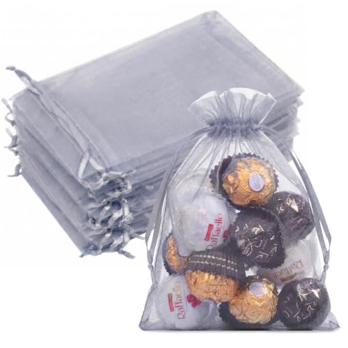 Image of Crweety 50PCS Organza Bags 5x7 Grey Small Gift Bags Mesh Drawstring | Party Favor Goodie Bag Bulk, Jewelry Sachet Candy Treat Soap Makeup Pouches, Wrap for Wedding Baby Shower Birthday Halloween