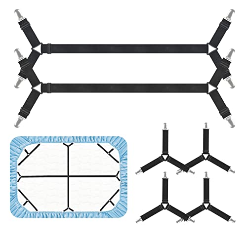 Bed Sheet Holder Straps, 6 pcs Black Fitted Sheet Clips, Upgraded Triangle Bed Sheet Fasteners for Corners, Elastic Adjustable Bed Sheet Straps for Full, Queen, King Twin Bed