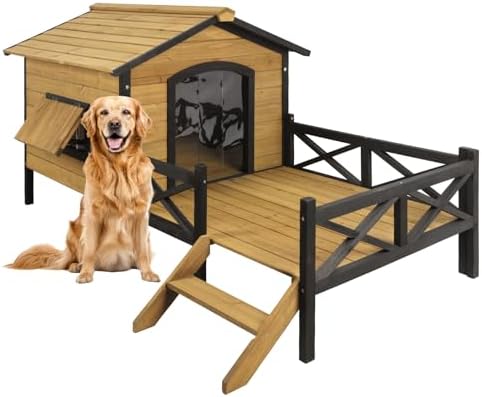 Large Outdoor Dog House, 67" L × 43.3''W × 32.7''H Extreme Outback Log Cabin Dog Kennel with Elevated Floor and Porch, Weatherproof Wooden Dog Houses Pet Puppy Shelter for Small to Large Dogs