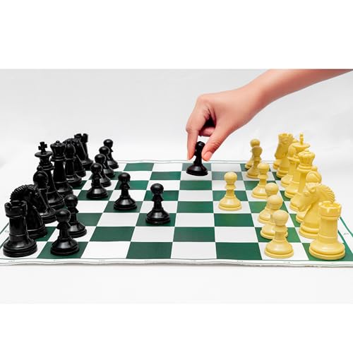 Image of International Tournament Chess Set | 17x 17 inch Mat |3X Weighted Chess Pieces with Velvet Base | 1.5Kg Premium Plastic Chessmen | Big Size | Roll-Up Green Vinyl Board | 100% Virgin Plastic