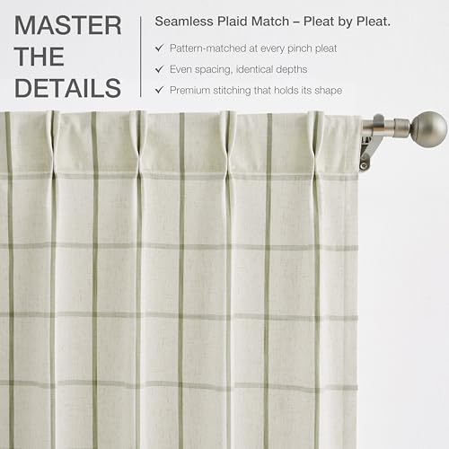 Vision Home Sage Plaid Linen Pinch Pleated Semi Sheer Curtains 40Wx90Lx2 - image 4