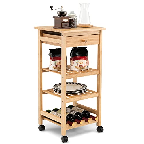 Petsite Bamboo Kitchen Island On Wheels, Rolling Small Storage Cart With With Drawer & Shelves, Wine Rack, Mobile Trolley Utility Microwave Serving Cart #TOP27