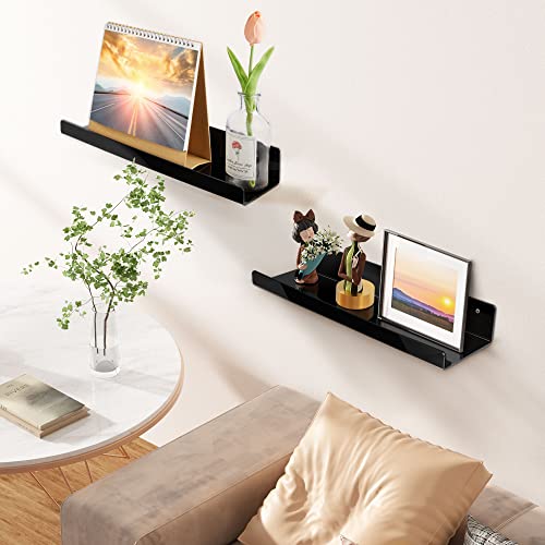 Image of upsimples 2 Pcs 15 inch Acrylic Shelves for Wall Organize and Display, Black | Cute Floating Shelf for Perfume, Skincare, Nail Polish, Wall Organizer for Bedroom, Living Room, Playroom, Room Decor