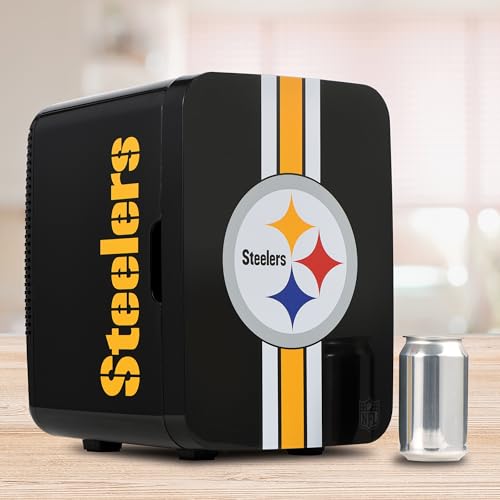Image of Ukonic NFL Pittsburgh Steelers 15-Can Mini Fridge 10L - AC /DC Powered, Official Team Colors & Logo, Portable Cooler for Tailgates, Home, Office, or Car
