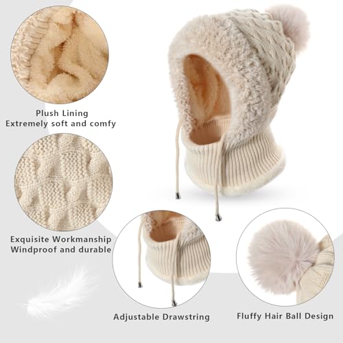 AYPOW Winter Mütze Damen mit Schal Gesichtsmaske, Thermo Strickmütze Balaclava mit Warme Fleecefutter Pompon, Weiches Dicke Beanie WintermüTZE Kapuzenschal Skimütze Hut für Outdoor