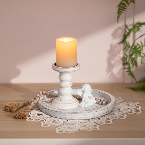 Romadedi Rustic Wooden Tray Candle Holder - Round Wood Decorative Pillar Candle Tray for Coffee Table Farmhouse Kitchen Countertop Organizer Home Decor Wedding Centerpiece, Distressed White - Thumbnail 2