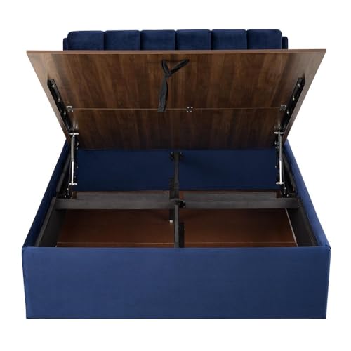 Image of Wakefit Bed | Queen (78 X 60) Solid Wood Bed, Upholstered, Hydraulic, 3 Year Warranty - Antho - Velvet Blue