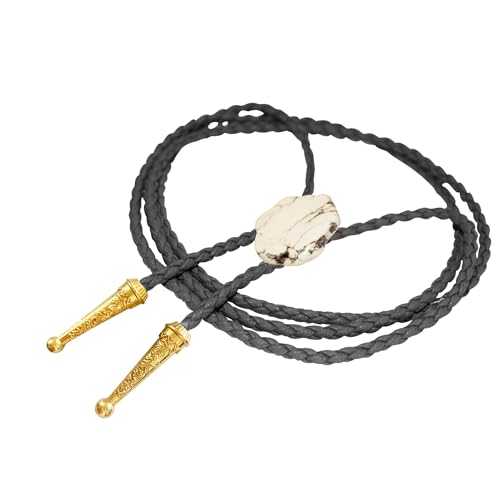 Image of Daisy Del Sol Gemstone Bolo Tie Braided Vegan Faux Leather Natural Stone Gold Handmade Necklace Adjustable Boho Western Jewelry