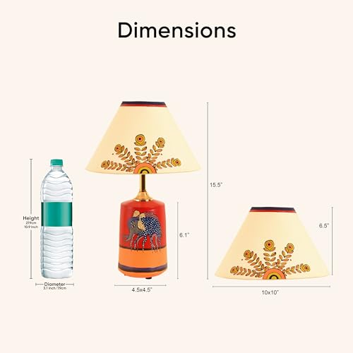 Image of AAKRITI ART CREATIONS Terracotta Table Lamp for Study Room, Bedroom & Living Room Decoration | Madhubani Tree of Life Bedside Lamp with Cotton Fabric Shade | Aesthetic Night Lamp