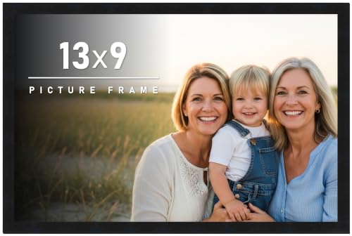 13x9 Frame Black Picture Frame - Complete Modern Photo Frame Includes UV Acrylic Shatter Guard Front, Acid Free Foam Backing Board, Hanging Hardware Wood Wall Frames for Family Photos - no Mat
