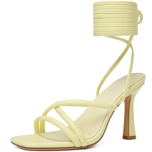 Image of Mostrin Womens Sandals Strappy Heels for Women Lace Up Square Open Toe Heels Tie Up High Heeled Sandals for Prom, Party, Daily Wear