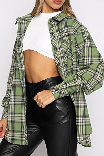 Image of CHYRII Womens Button Down Flannel Shirts Long Sleeve Plaid Shackets Business Casual Blouse Top