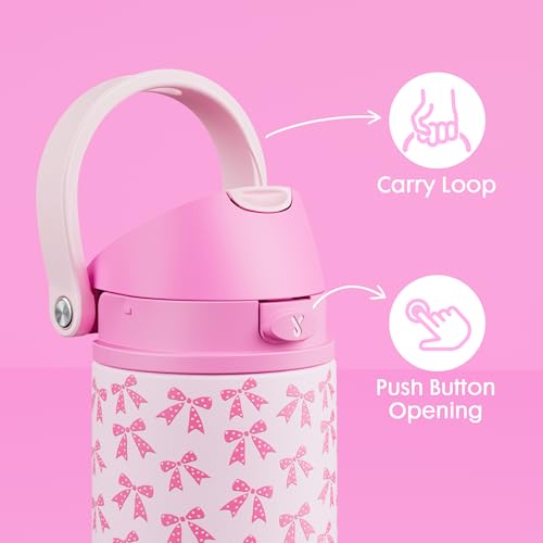 Image of Meoky 2 Pack 18 oz Insulated Stainledss Steel Water Bottles for Boys Girls | 2-in-1 Straw and Spout Lid, Leak Proof, Fits in Car Cup Holder, BPA-Free for School Gym Travel, Dinosaur Party & Pink Bows