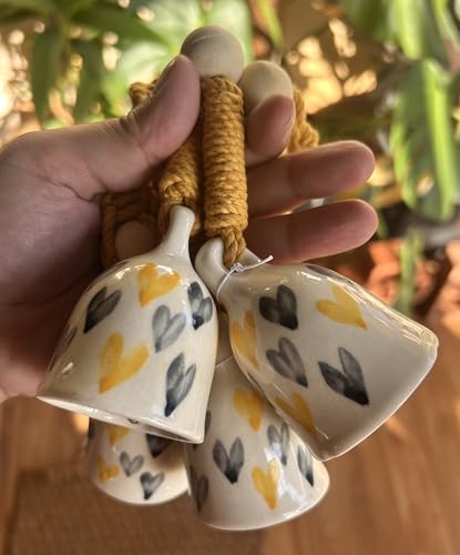 Image of Mundane | Macrame Bell Hanging with Handpainted Ceramic Bells | Wall & Balcony Home Decor | Bells Size- 2.5 inches | (Grey Yellow Hearts- Yellow Macrame)