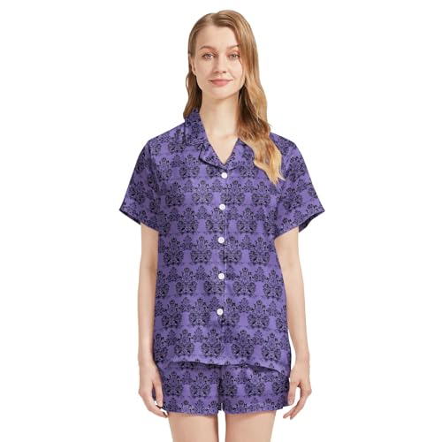 Image of Funny Satin Pajamas Set for Women Button Down Sleepwear Print Pjs Set 2 Piece Short Sleeve Loungewear Gift for Women