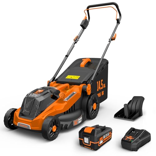 TIECTOWN 40V 16-Inch Brushless Cordless Lawn Mower with 4.0Ah Battery & Charger, 2-in-1 Electric Push Mower, 5-Position Height Adjustment, Lightweight, Compact Storage, for Small Yards - Orange