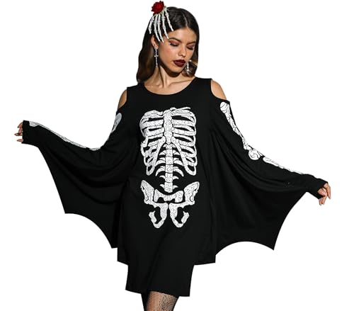 For G and PL Halloween Damen Fledermaus Kostüm Langarm Kalte Schulter Cosplay Kleid Skelett Schwarz XL