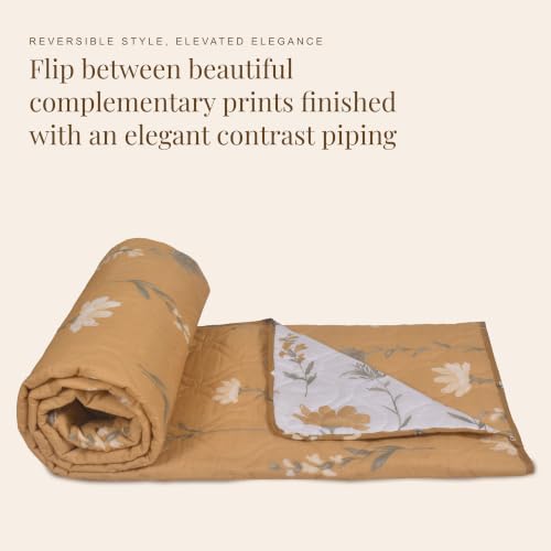 Image of HUESLAND Reversible AC Quilt Blanket Single Bed | 100% Cotton Quilted Shell, Super Soft 120 GSM Microfibre Wadding | Lightweight Comforter for All Weather Use | 55 x 88 inches, Floral