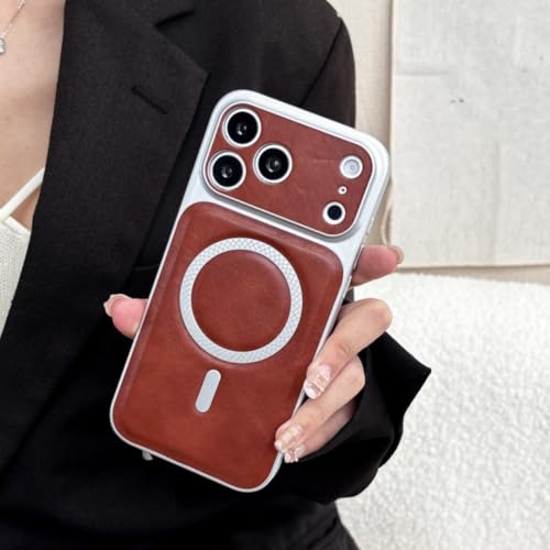 Étui en cuir brillant pour iPhone 17 - Coque rigide argentée rétro luxe