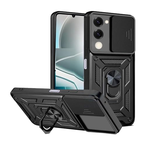 Image of SPAZY CASE IQOO Z10 lite 5G Back Cover | Heavy Duty Hybrid Case with 360 Degree Rotating Finger Ring Holder + Slider Shutter Camera Protection Case for IQOO Z10 lite 5G - Black