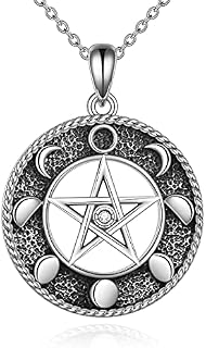 YAFEINI Pentagram Pentacle Necklace 925 Sterling Silver 7 Chakra Pendant Wiccan Star Crescent Moon Necklaces Jewellery Gifts for Women