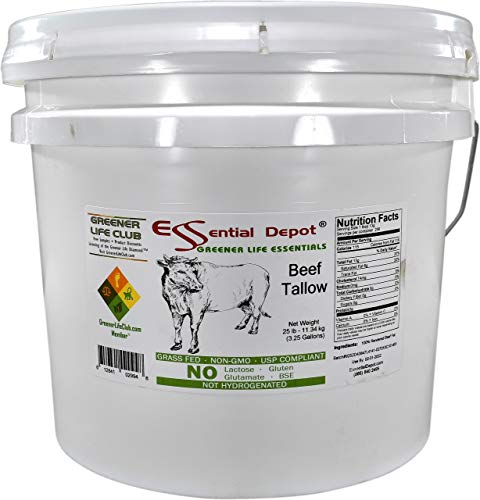 Beef Tallow - GRASS FED - Non-GMO - Not Hydrogenated - UPS Compliant - Free from Lactose-Gluten-Glutamate-BSE - 25 lbs in a 3.5 Gallon HDPE microwaveable pail with resealable lid and removable handle
