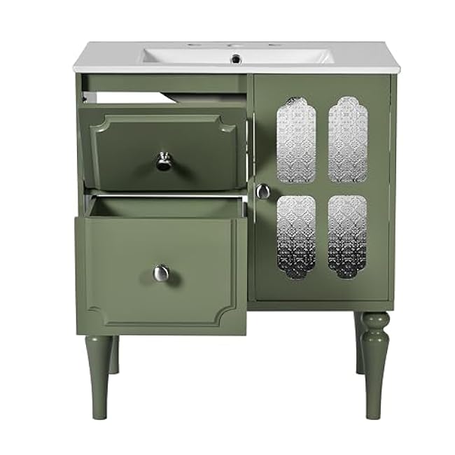 Retro Style 30'' Bathroom Vanity with Ceramic Sink Combo and Til-Out Drawer, Freestanding Single Vanity Set, Solid Wood Frame Bathroom Storage Cabinet (Green + Ceramic+MDF + Retro)
