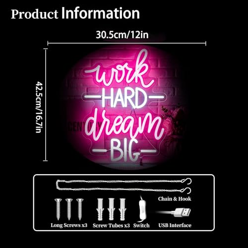 Image of Work Hard Dream Big Neon Sign Led Neon Lights Neon Signs for Wall Decor Light Up Sign for Birthday Party Club Gift