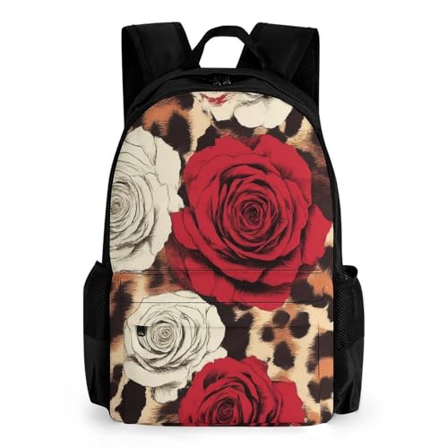Animal Rose Flower Cheetah Leopard Print Floral Daypack Polyester Anti-Theft Multipurpose Bookbag Big Capacity Gym Outdoor Hiking Backpack With Adjustable Shoulder Straps