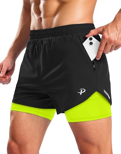 Pudolla Men's Lightweight 2 in 1 Running Shorts 5' with Zipper Phone Pockets Quick Dry Gym Workout...
