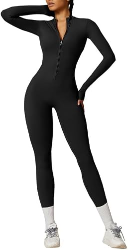 Litthing Damen Sport Jumpsuit V-Ausschnitt Reißverschluss Playsuit Langarm