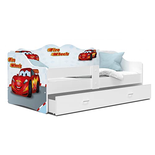 KIDS LITERIE Lit Enfant NELI 80x160 Cars Livré avec Sommier, Tiroir et Matelas de 7cm Offert, Blanc, 1 personne, (251961)