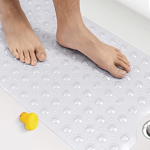 HITSLAM Bath Mat for Tub, Non Slip Bathtub Mat, 40 x 16 Inch Extra Long Bath Tub Mat, Machine Washable Bathroom Shower Mat with Suction Cups and Drain Holes, Soft on Feet, Clear Cover