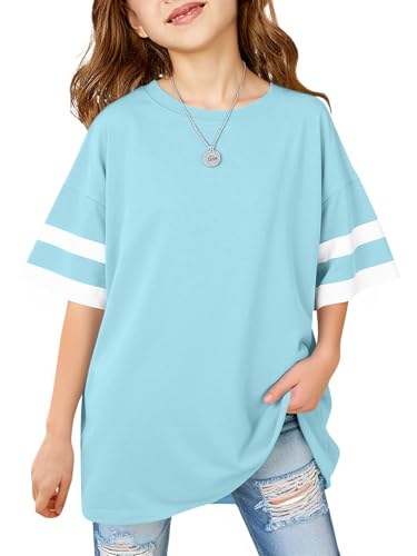 Image of Girls Oversized T Shirts Kids Summer Striped Short Sleeve Tops Casual Crewneck Tees 5-14 Years