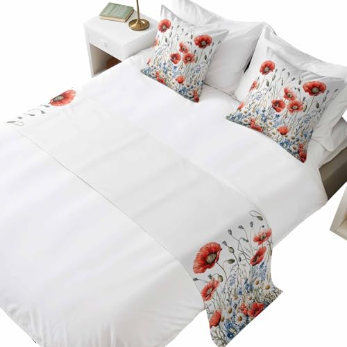 Red Flower Bed Runner with 18'x18' Pillow Covers Set, Seasonal Blue Floral Botanical Wildflower Soft Decorative Bed Scarf for Full Size Beds, Bedding Scarves Protector for Bedroom Hotel Sofa 83'x20'