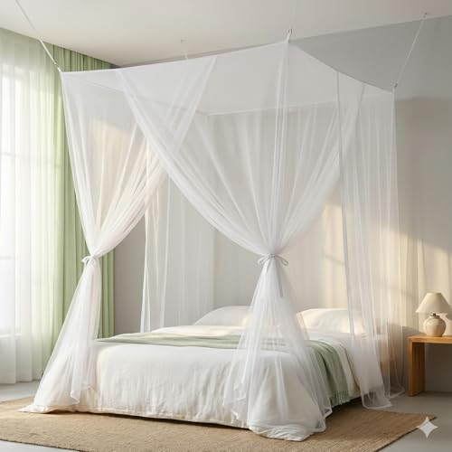 EverChoice Moskitonetz Bett | Quadratisch Bett 220x200x210 cm | inkl. Haken - Dübel, Reisetasche | für Doppelbett & Einzelbetten | Mückennetz für Reise & Zuhause | Msquito Net